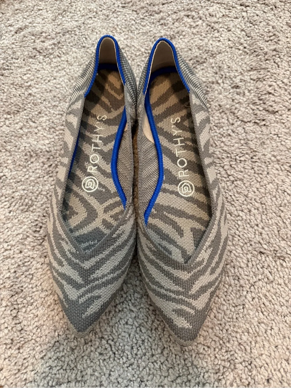 Rothy's Zebra-Print NWOT Pointed Knit Flats in Gray and Blue Trim